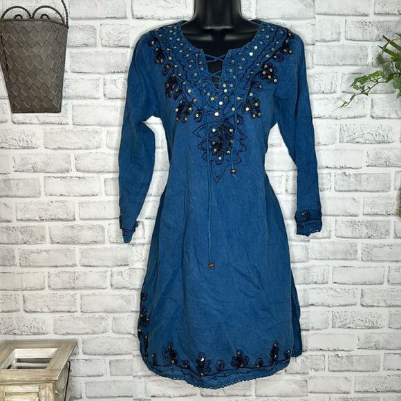 NWT Riviera Sun embroidered sequins Denim Sun Dress Size Medium - Picture 1 of 7